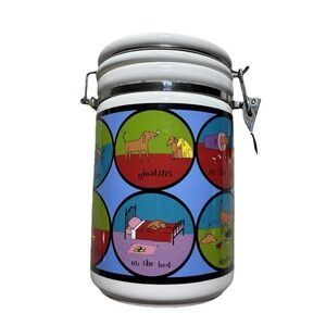 A Dog's Life Signature Ursula Dodge Stoneware 8" Dog Treat Jar Canister Colorful
